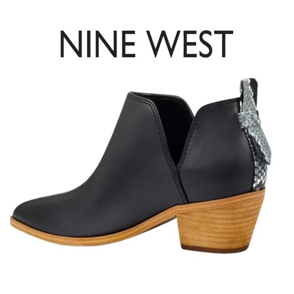 NINE WEST Shia 3 Black Snakeskin Block Heel Women's Booties Western Ankle Boot 8 - Picture 1 of 14